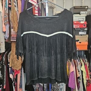 POL Black Fringe Short Sleeve Top